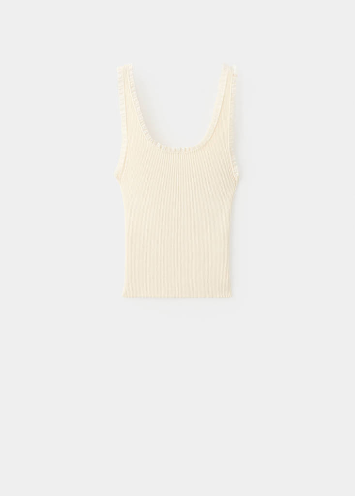 Ribbed knit top with lace details — Ecru
