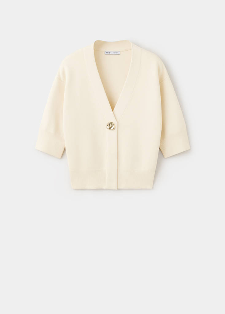 Knitted cardigan with jewel button — Ecru