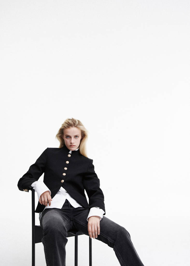 Jacket with jewel-button strip collar — Black