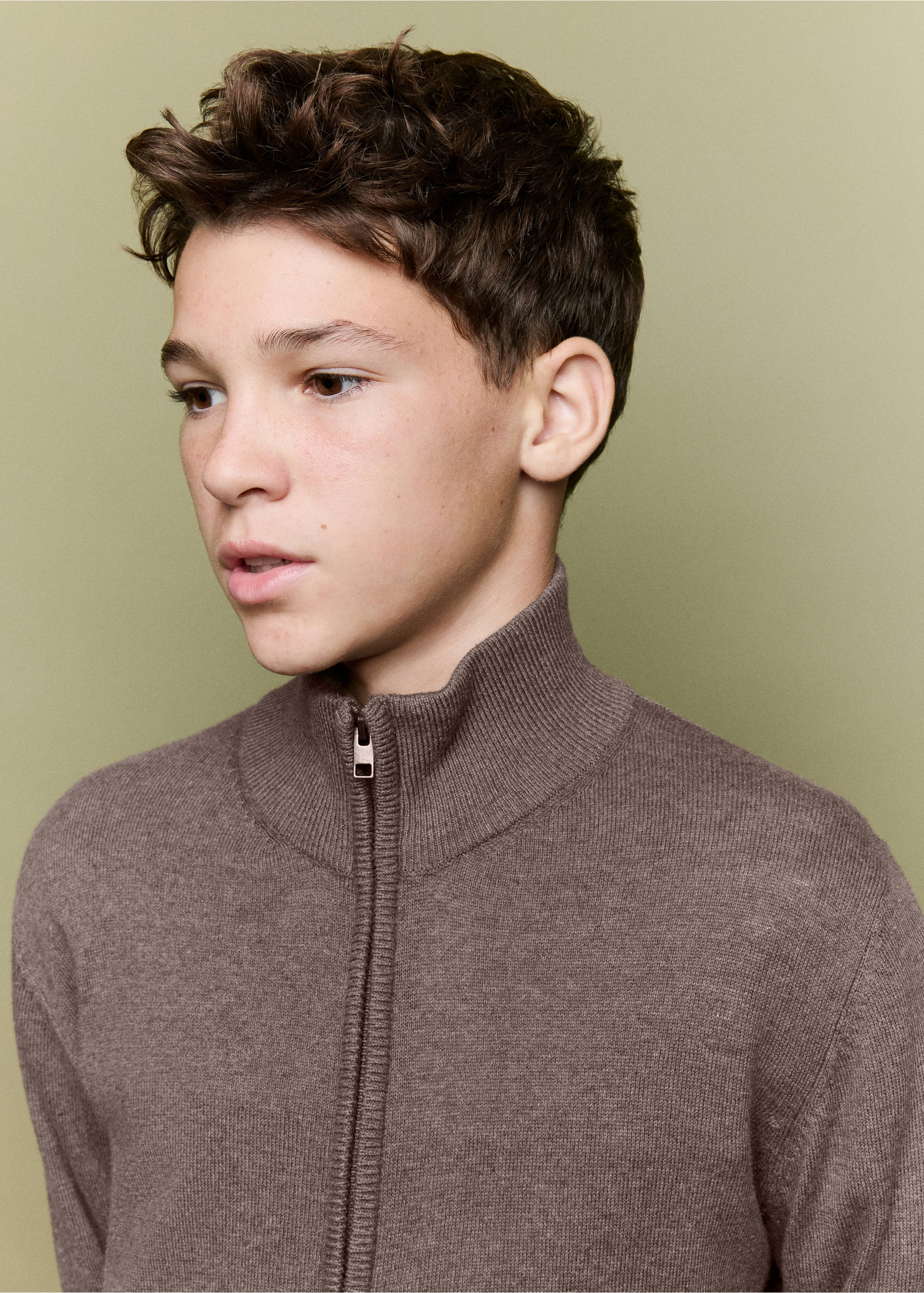 Brown knit zip-up cardigan with a high collar, shown in a close-up portrait., Brown. Ref: 37064403-00.