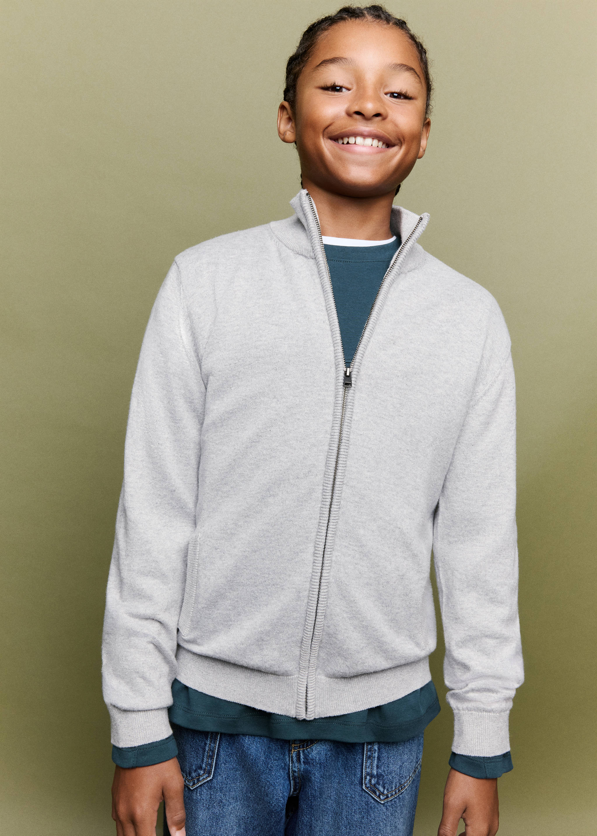 Light grey zip-up cardigan with a high collar