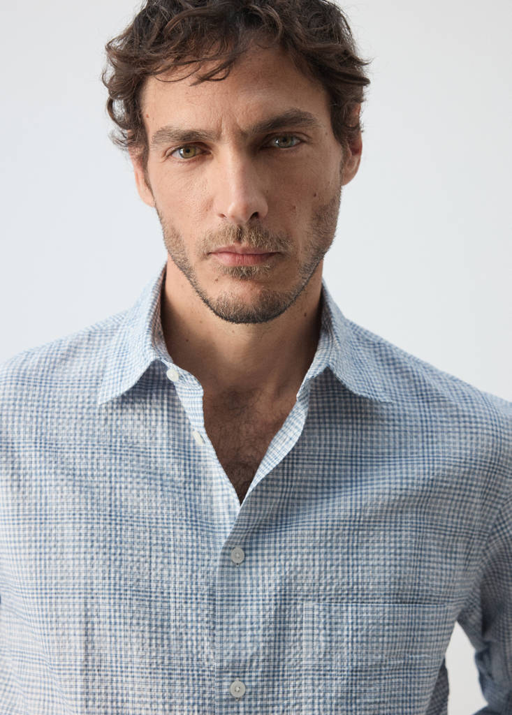 Seersucker check textured shirt — Blue
