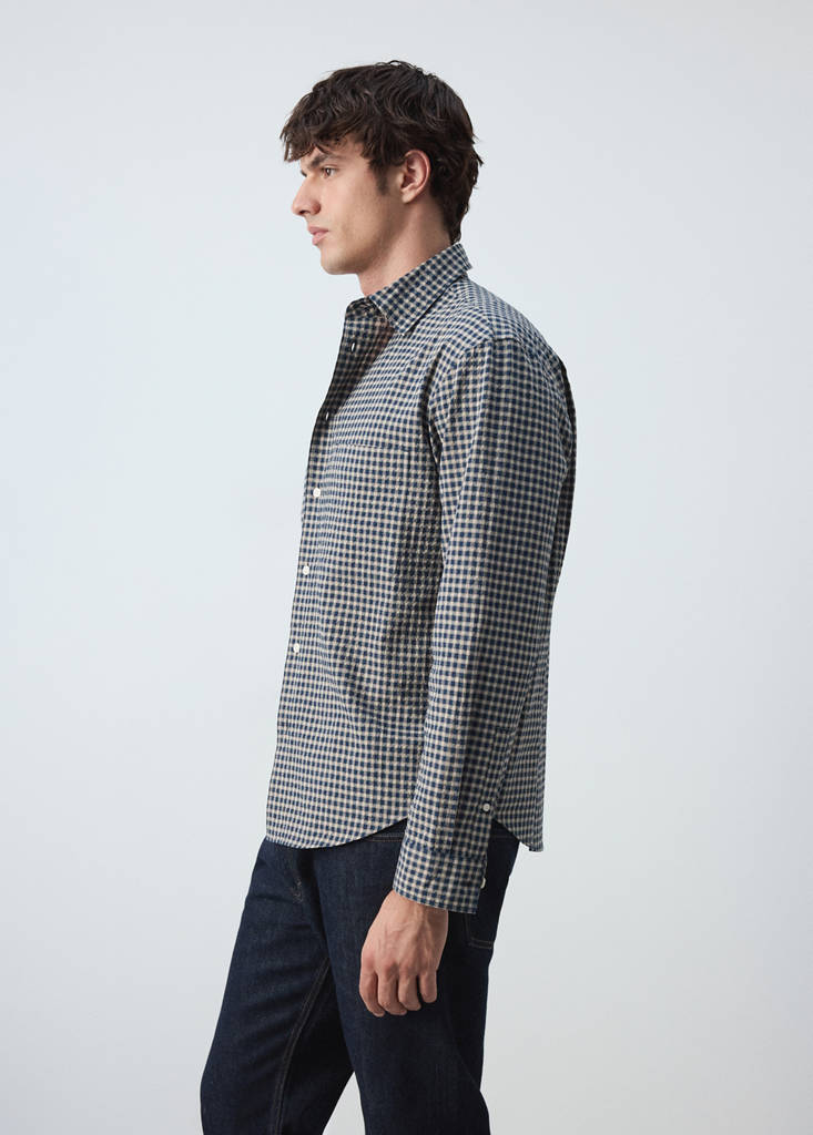 Seersucker check textured shirt — Dark Navy