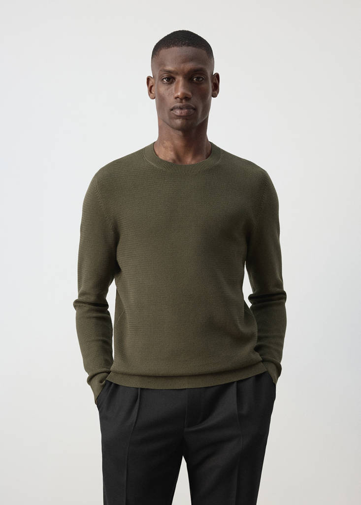 Fine-knit jersey in a cotton blend with textured structure — Olive Green