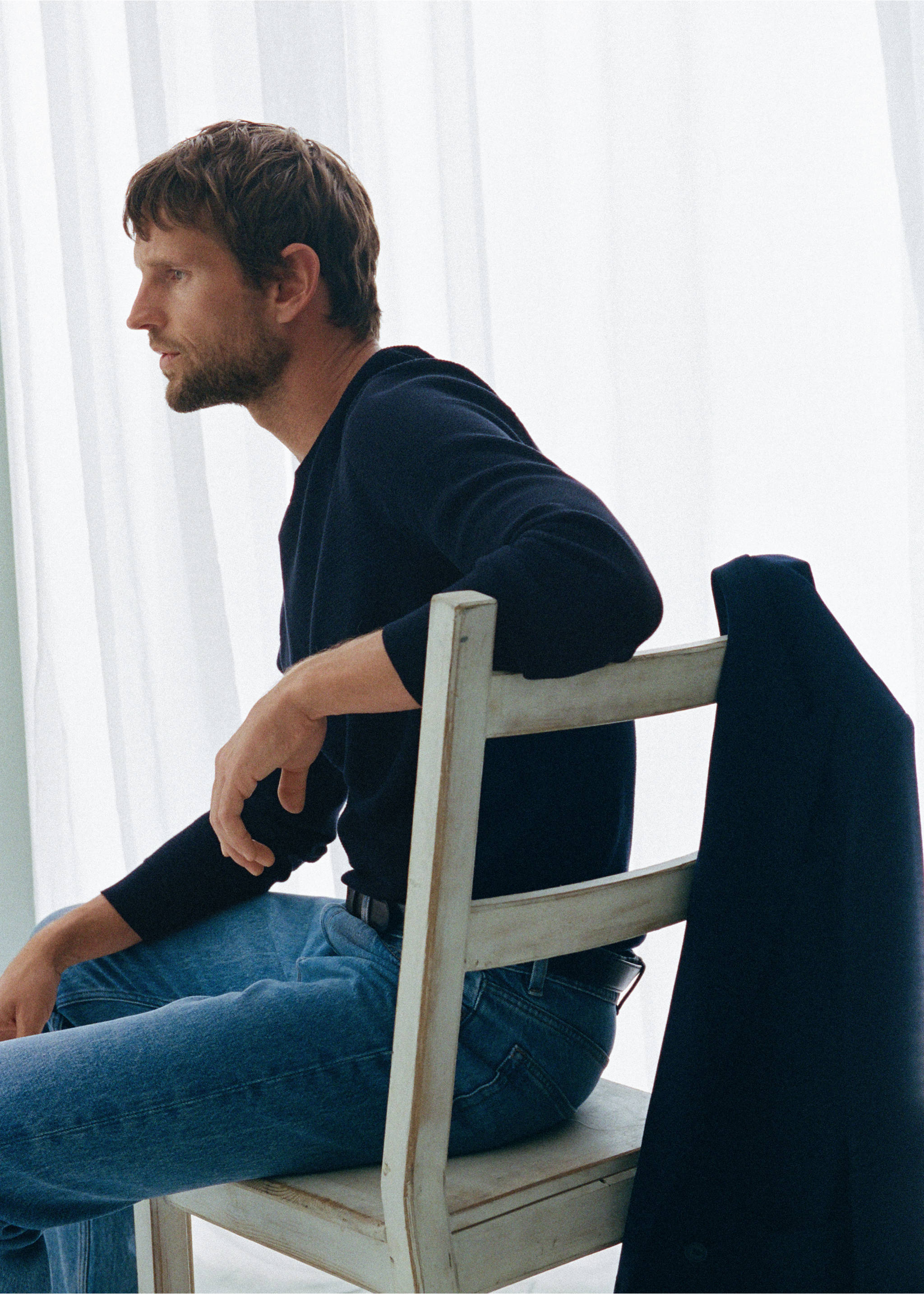 Fine-knit jersey in a cotton blend with textured structure - Reverse of the article, Navy. Ref: 37064423-01.