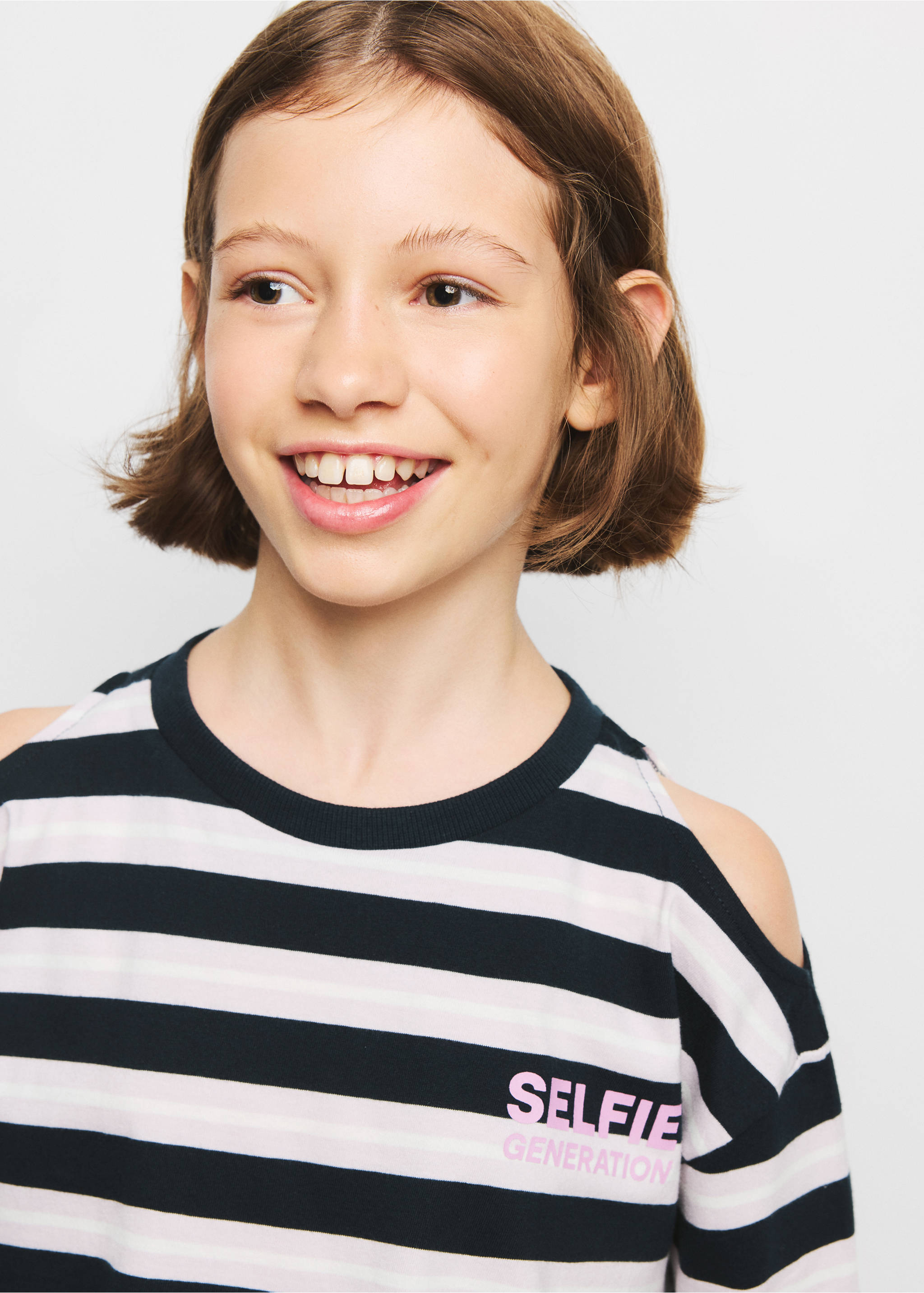 Cotton striped T-shirt with slogan print - Medium plane, Navy. Ref: 37064425-00.