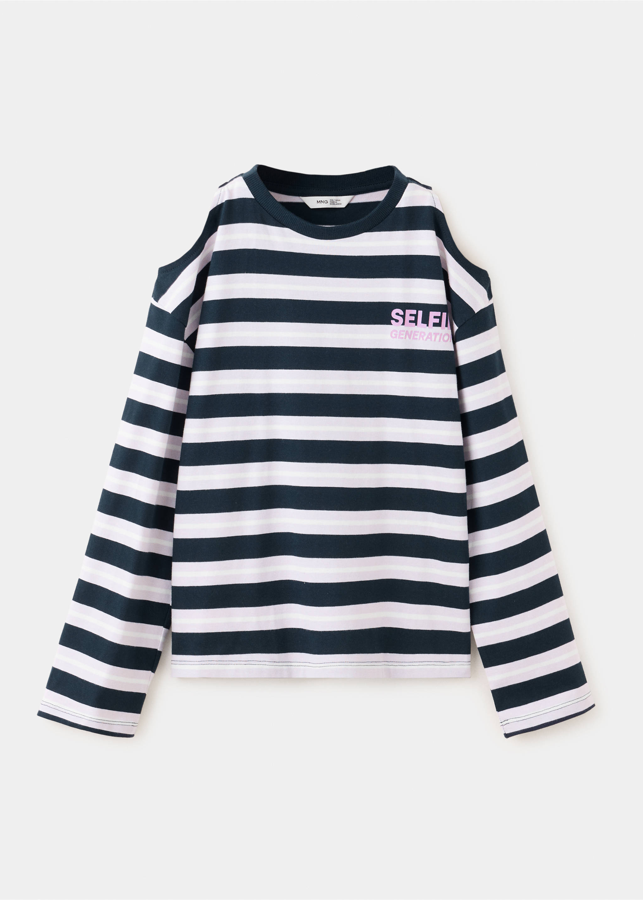 Cotton striped T-shirt with slogan print - Article without model, Navy. Ref: 37064425-00.