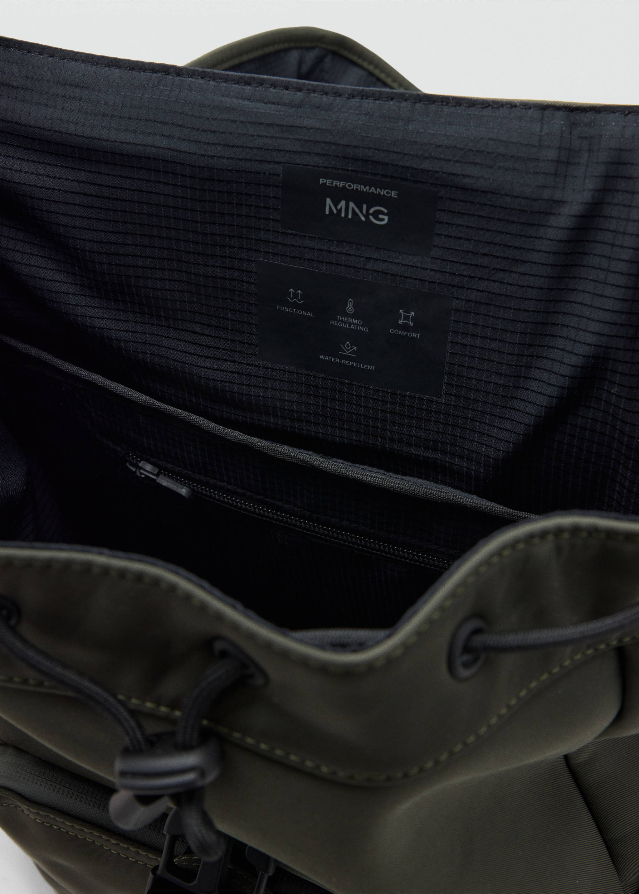 Rubberized backpack with flap closure - Details of the article 3, Khaki. Ref: 37064433-00.