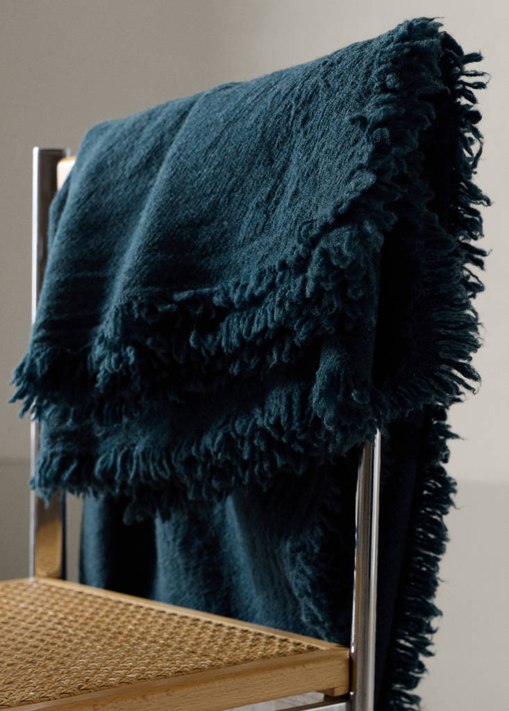 Wool throw with fringed detail — Petrol Blue