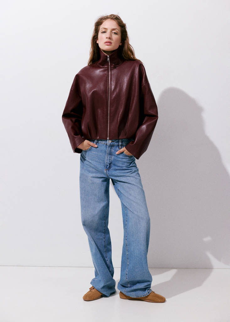 Faux leather funnel neck jacket — Maroon