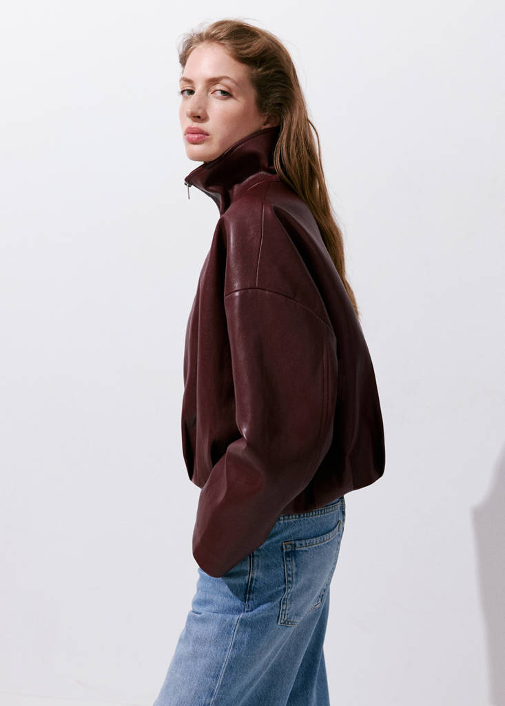 Faux leather funnel neck jacket