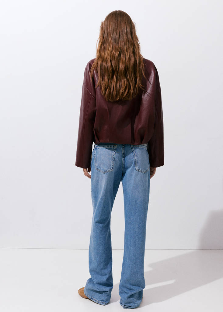 Faux leather funnel neck jacket — Maroon