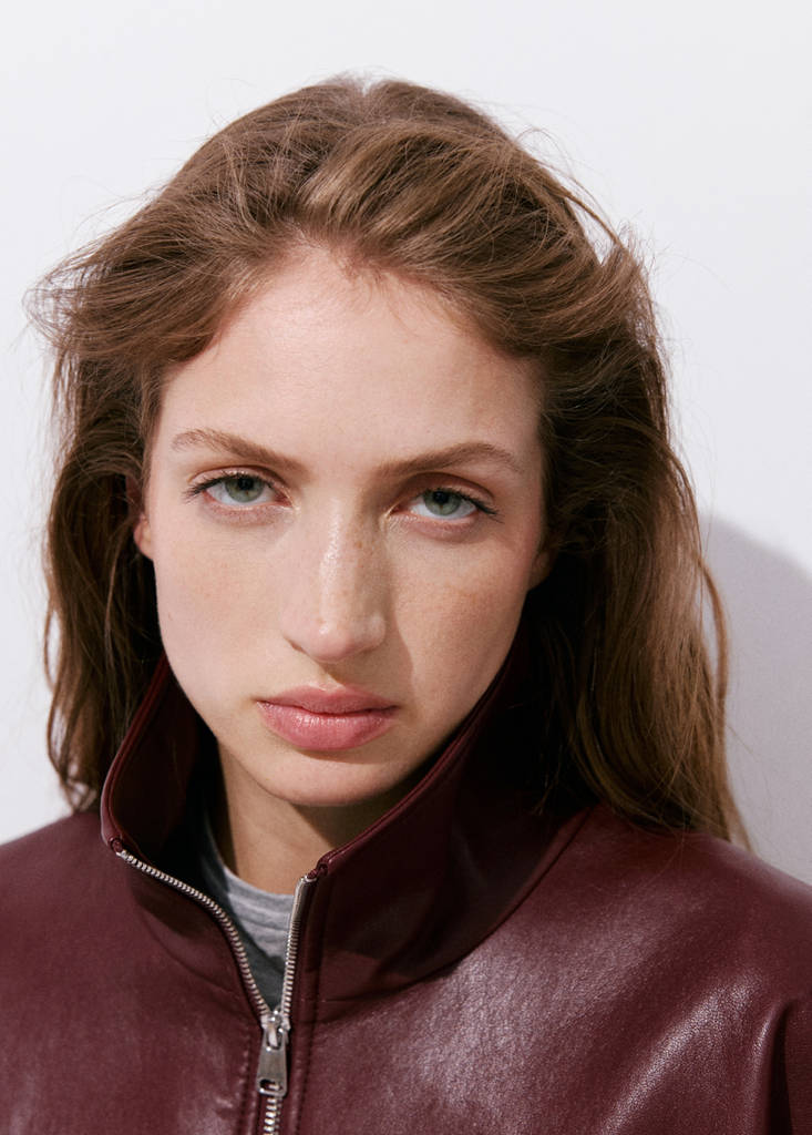 Faux leather funnel neck jacket — Maroon