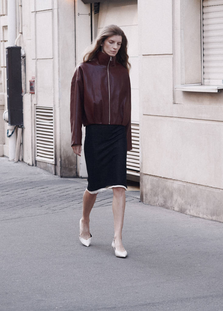 Faux leather funnel neck jacket — Maroon