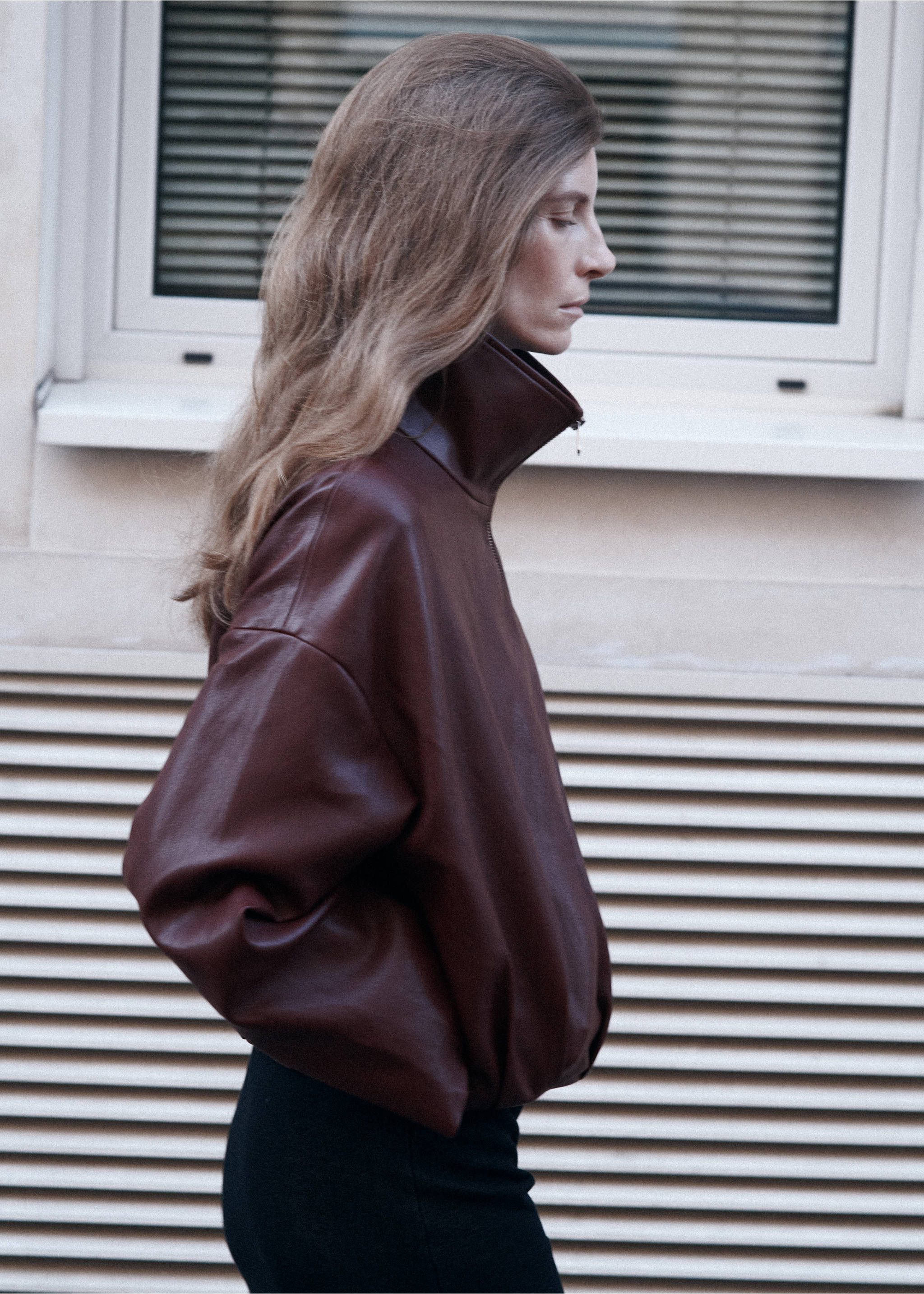 Faux leather funnel neck jacket - Medium plane, Maroon. Ref: 37064441-01.