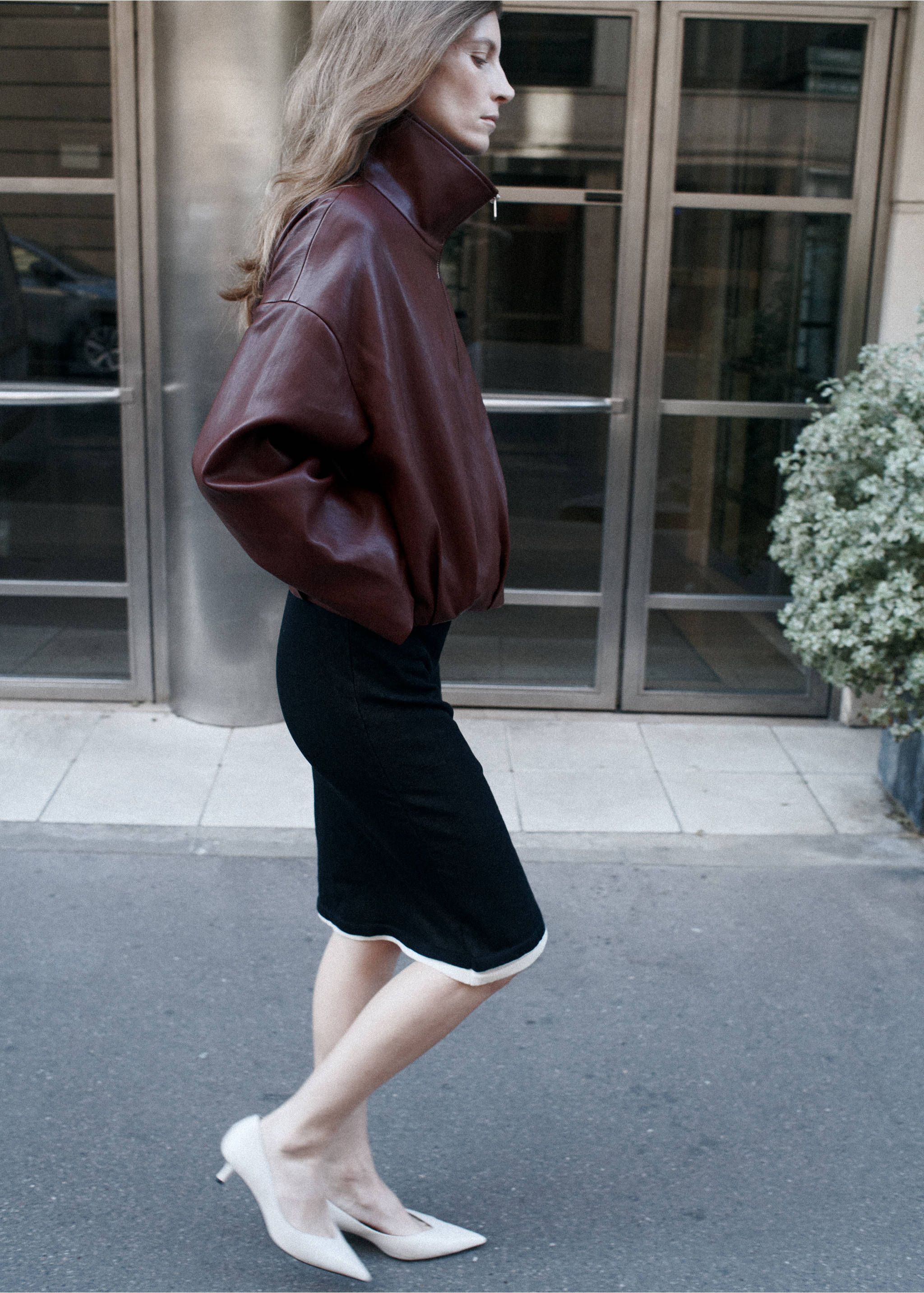 Faux leather funnel neck jacket - Details of the article 1, Maroon. Ref: 37064441-01.