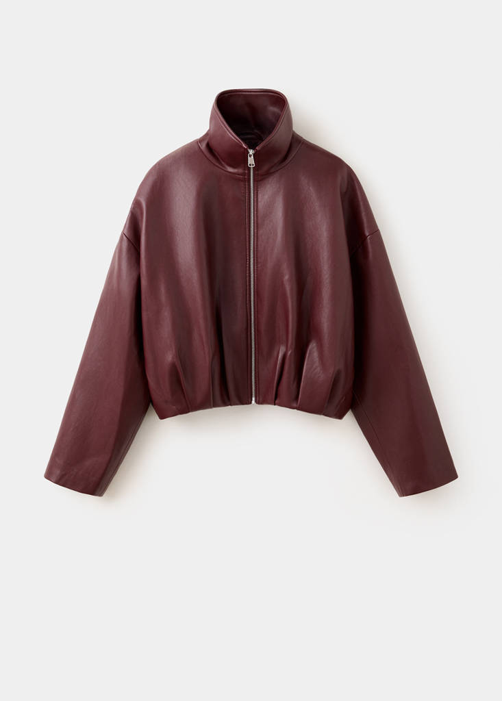 Faux leather funnel neck jacket — Maroon
