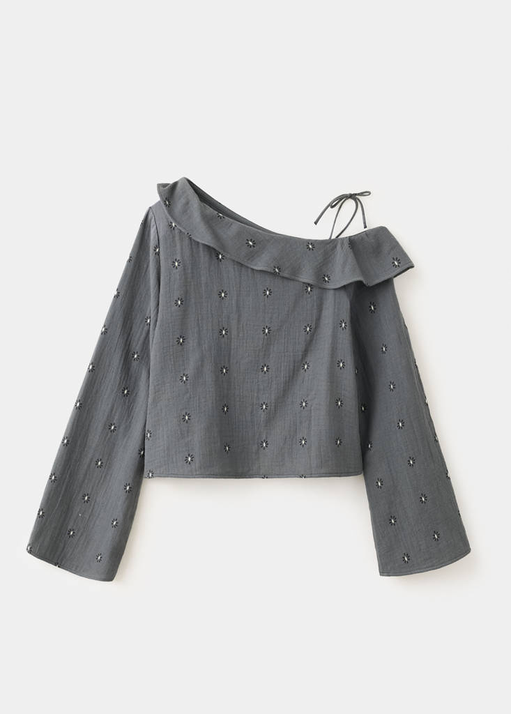 Printed blouse with an asymmetric collar — Grey