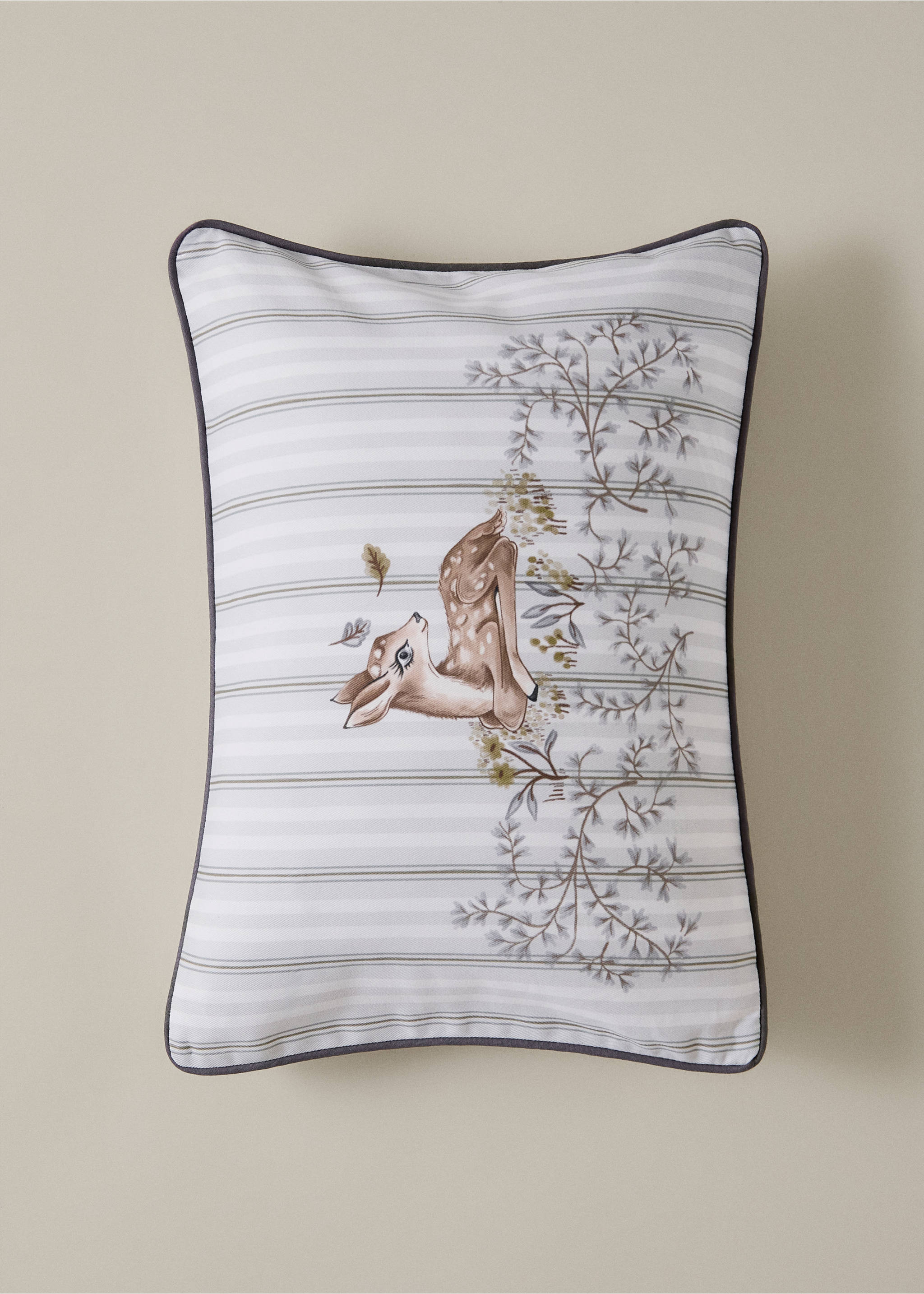 Rectangular cushion cover featuring a fawn illustration, horizontal stripes, and dark piping., Grey. Ref: 37064452-00.