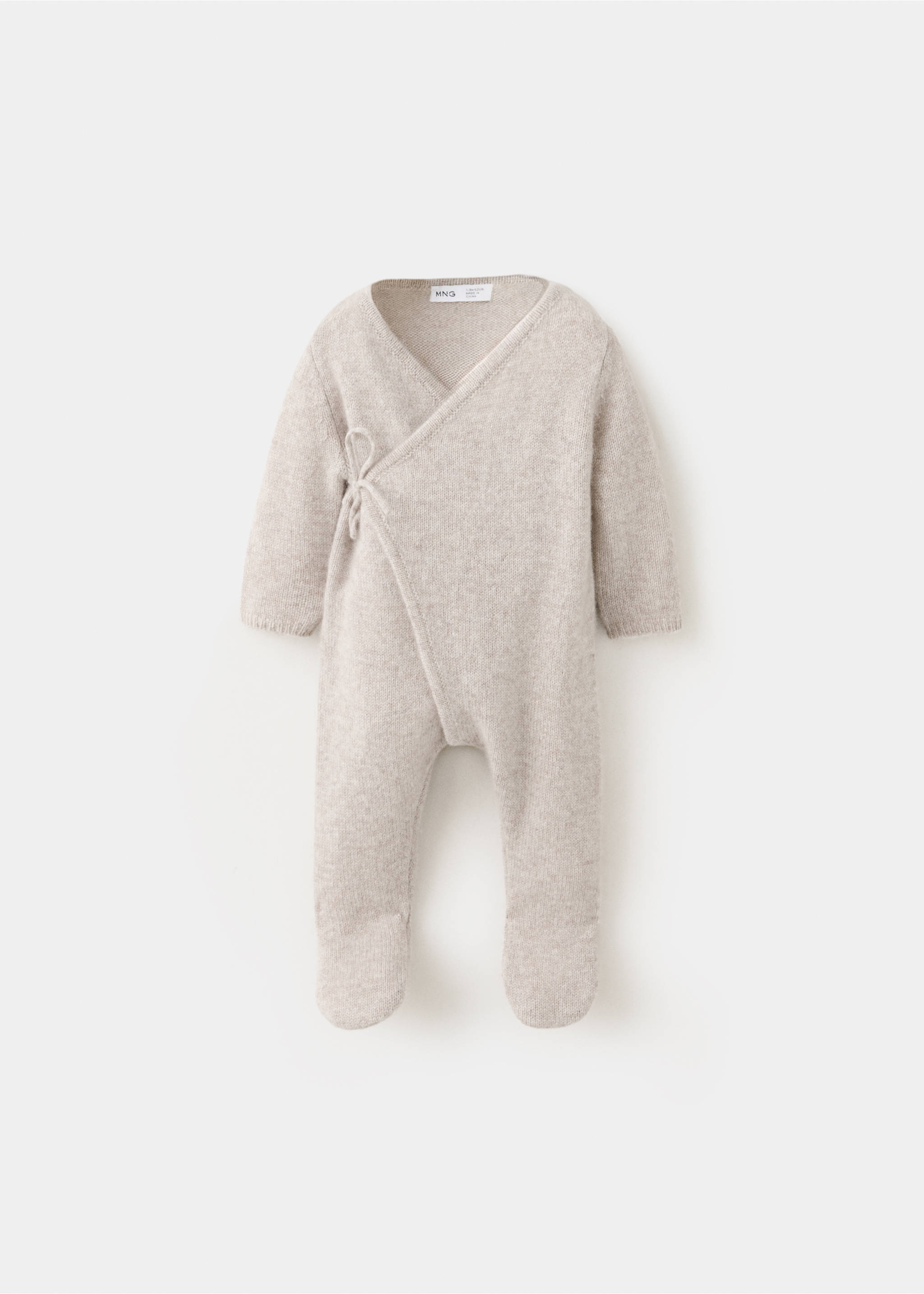 Beige knit baby crossover jumpsuit with integrated feet and side tie., Sand. Ref: 37064467-00.