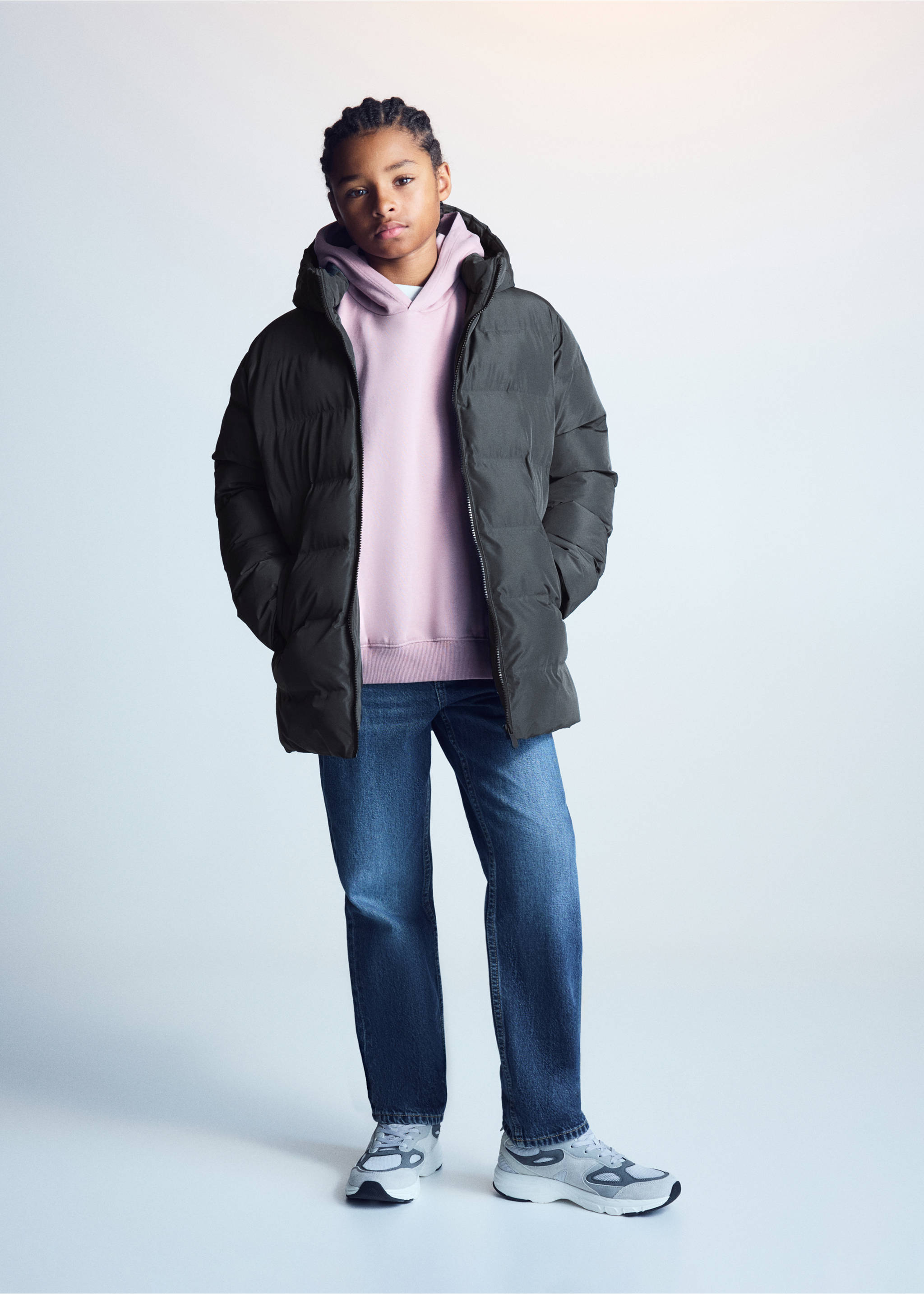 Dark green padded hooded anorak worn with a pink hoodie and jeans., Charcoal. Ref: 37064774-00.