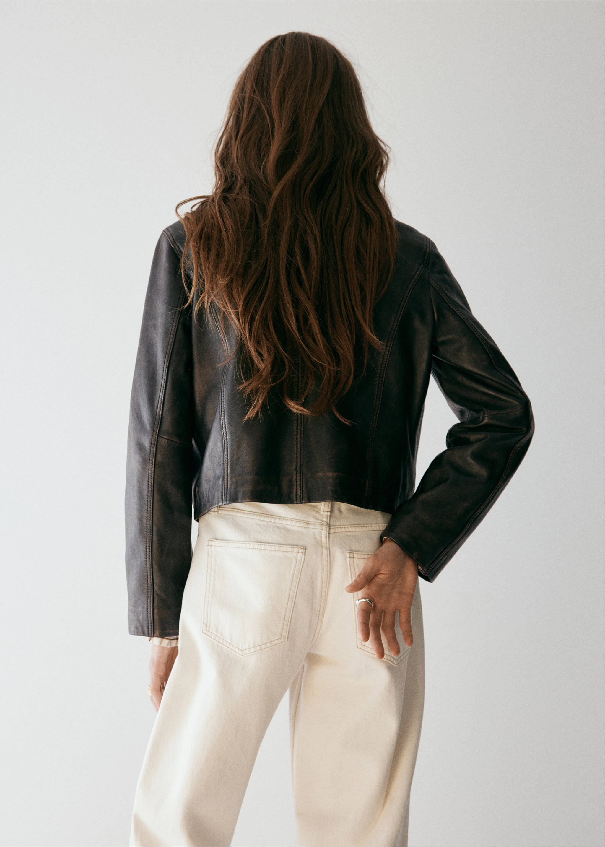 Leather zipper jacket - Reverse of the article, Brown. Ref: 37064776-00.