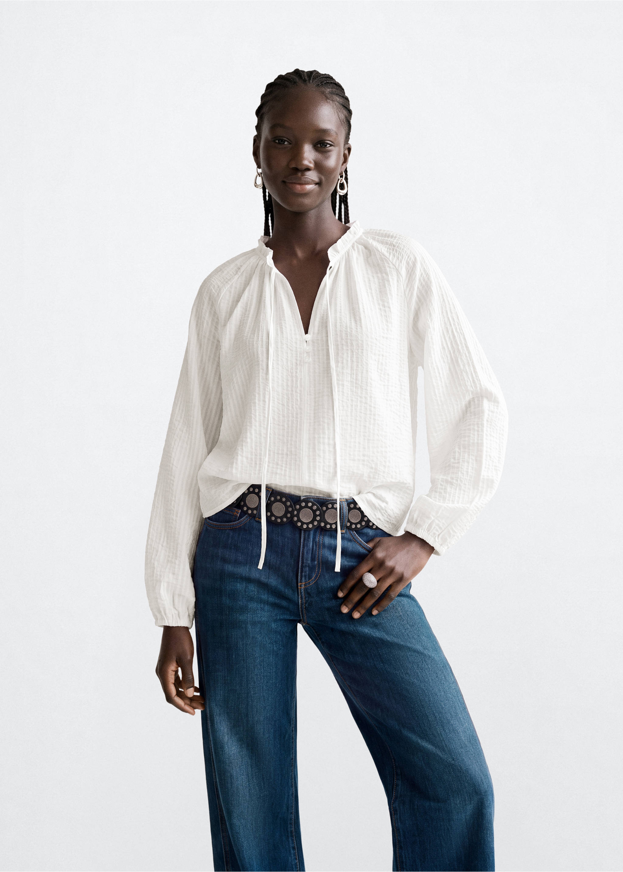 Bow textured blouse - Medium plane, Off White. Ref: 37064787-00.