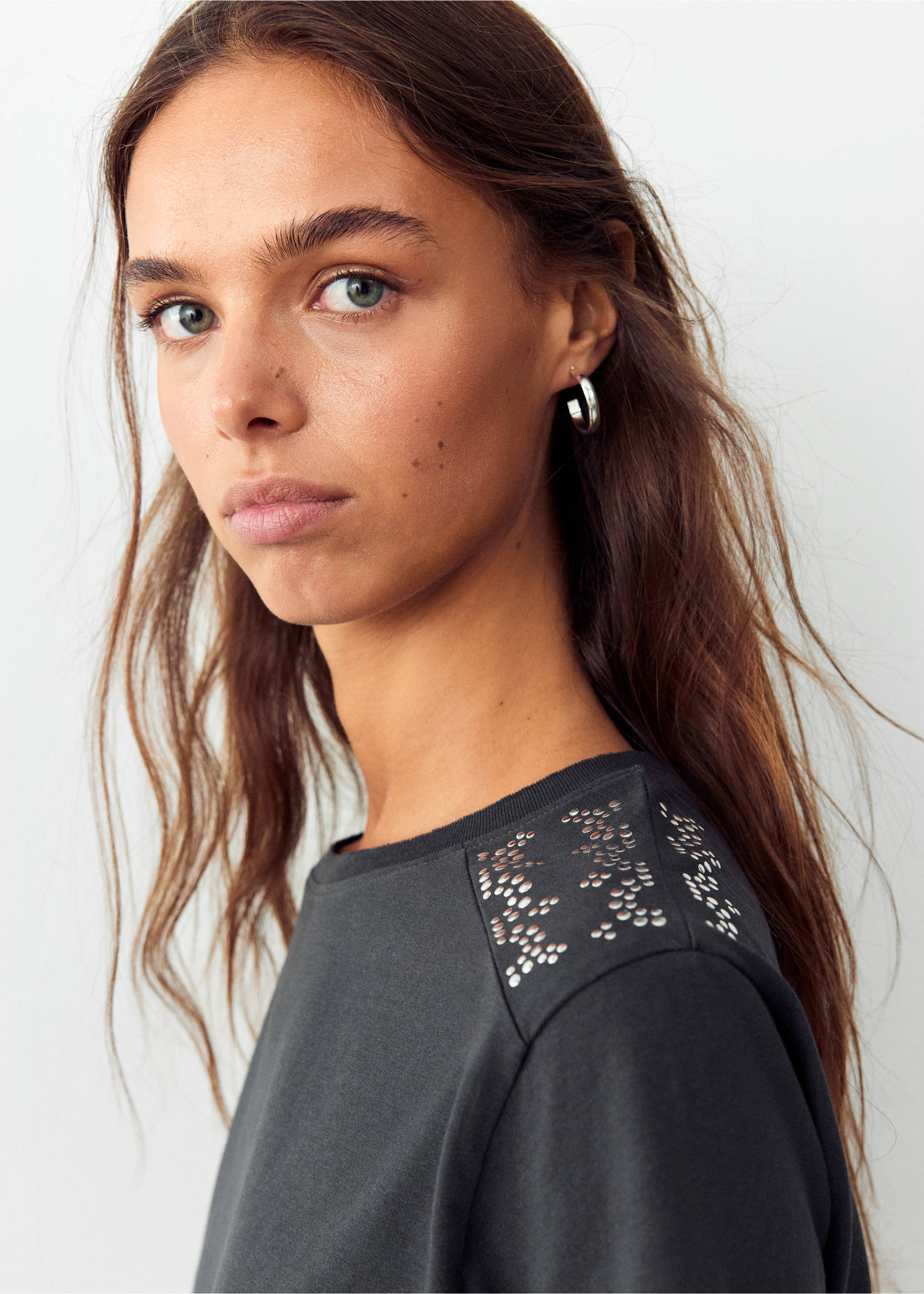 Cotton t-shirt with studs - Medium plane, Charcoal. Ref: 37064788-00.