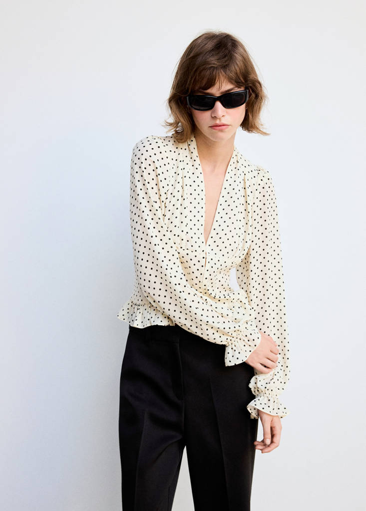 V-neck polka dot blouse — Off White