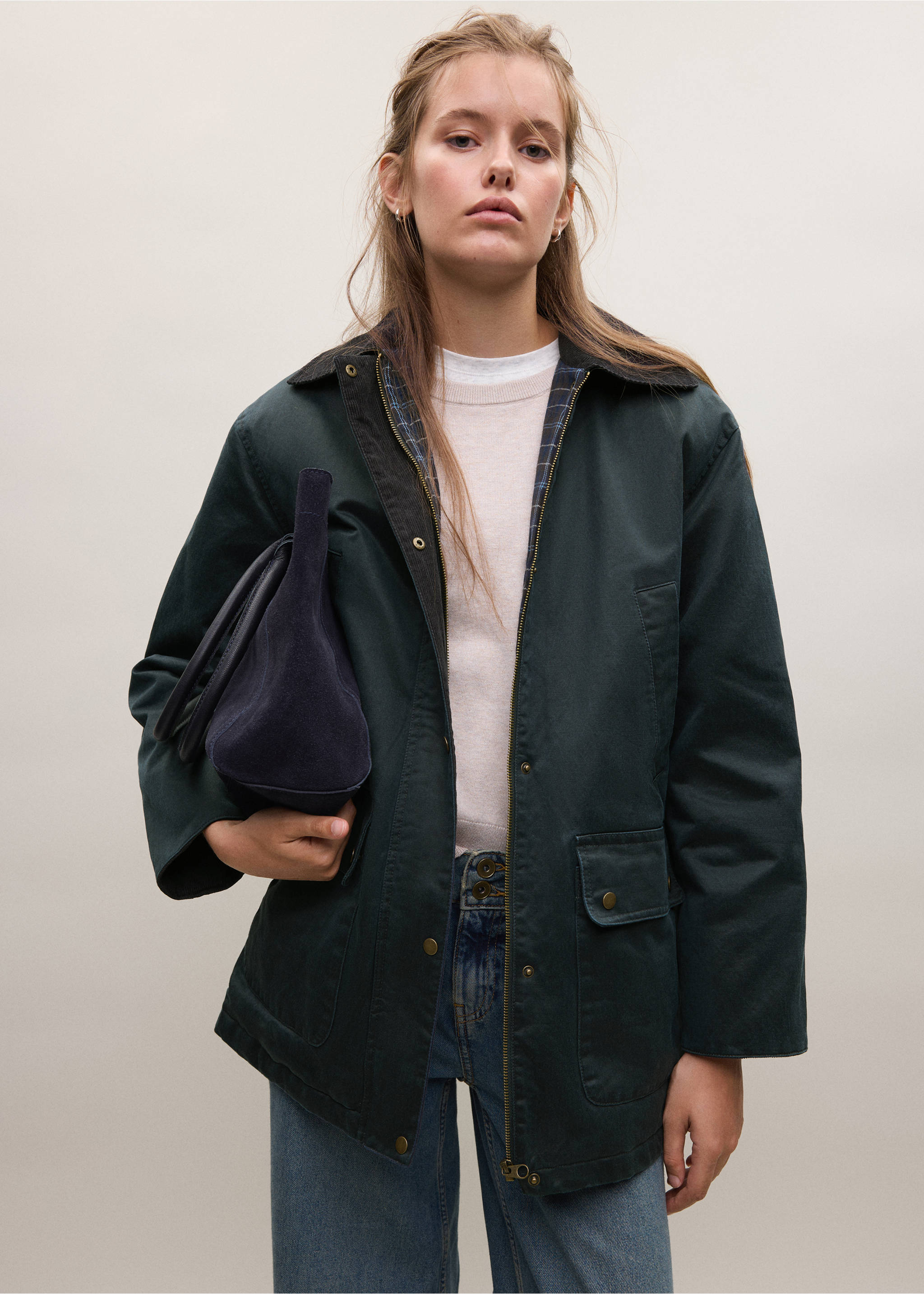 Cotton parka with corduroy collar - Medium plane, Navy. Ref: 37065151-00.