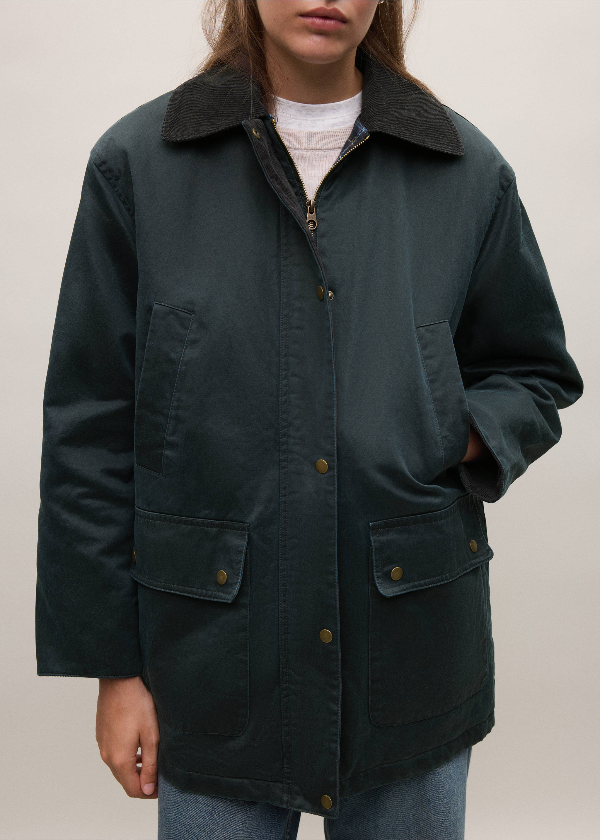 Cotton parka with corduroy collar - Details of the article 3, Navy. Ref: 37065151-00.
