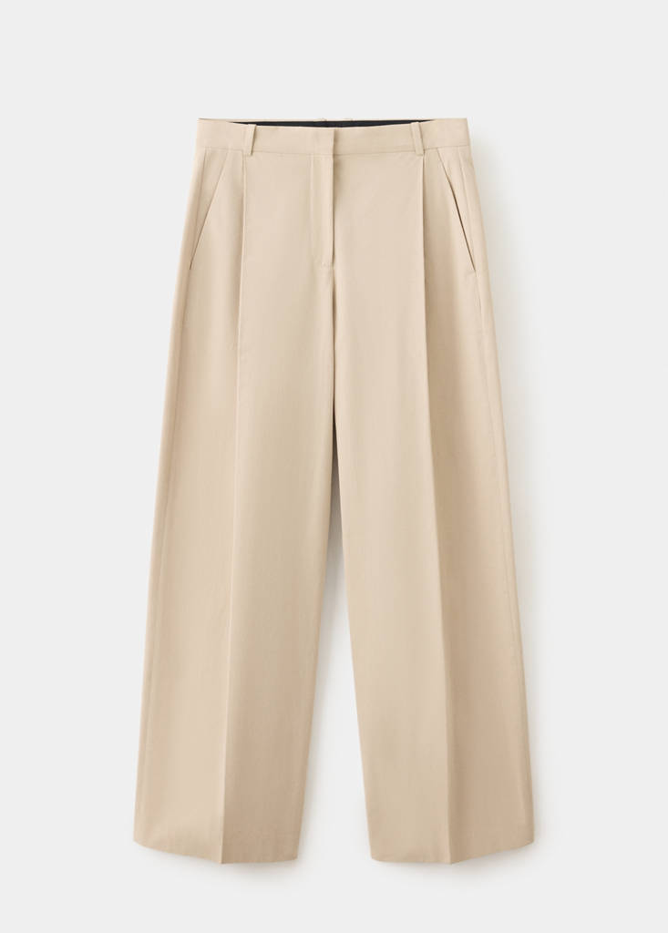 Straight-leg cotton pleated trousers — Beige