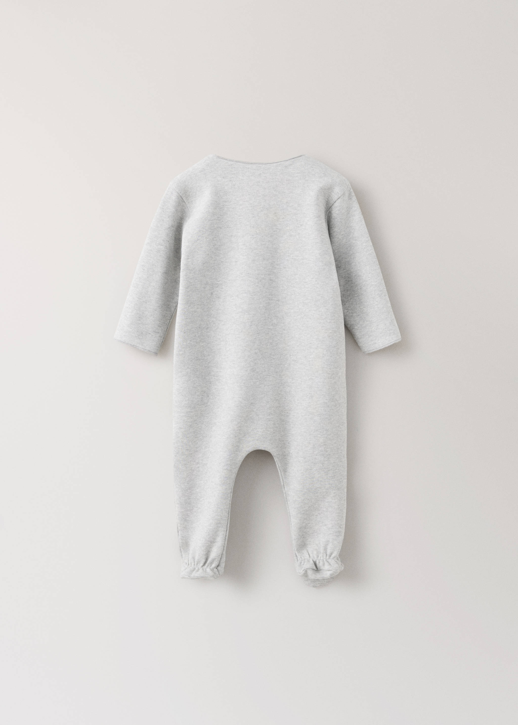 Grey baby pyjama onesie with long sleeves and feet, back view.