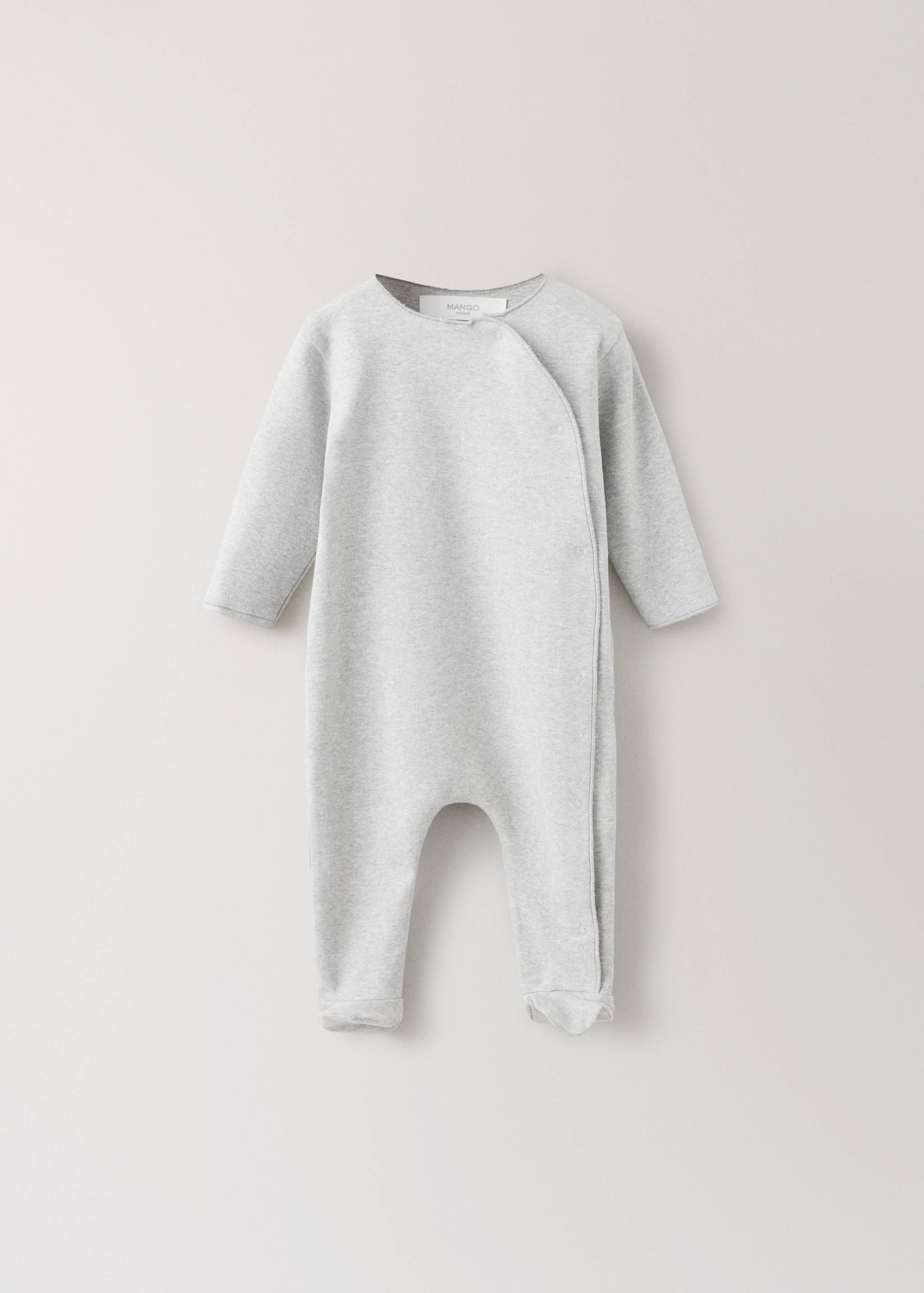 Light grey marled baby sleepsuit with long sleeves and crossover snap fastening.