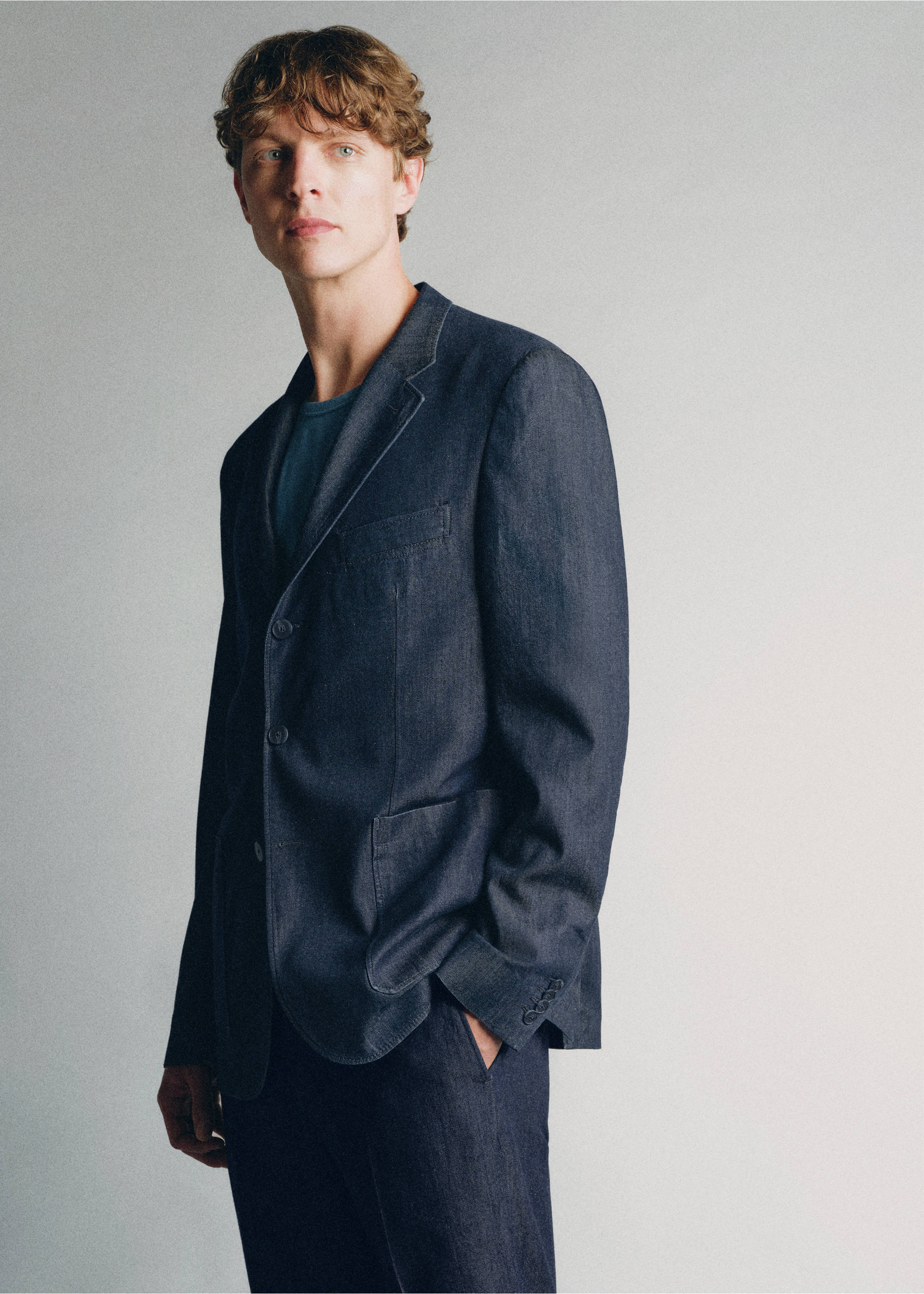 Lyocell cotton Western-style blazer, made in Italy - Details of the article 4, Indigo Blue. Ref: 37065838-00.