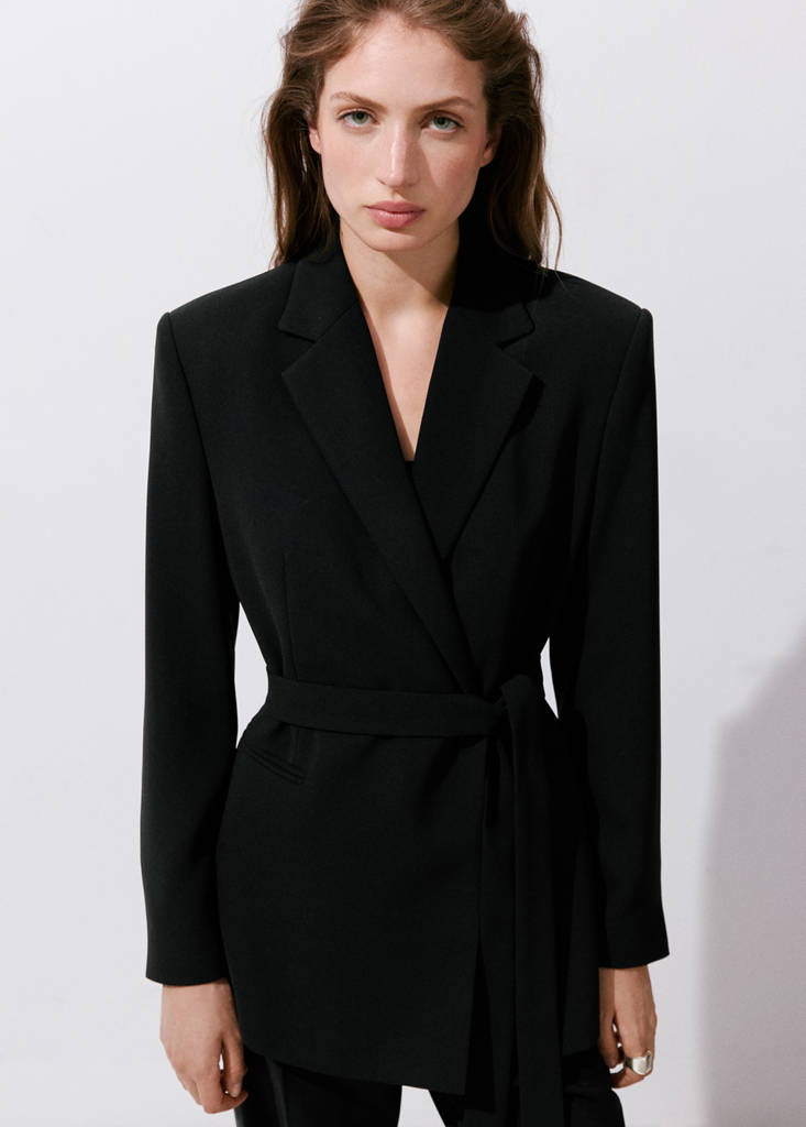 Double-breasted belted blazer