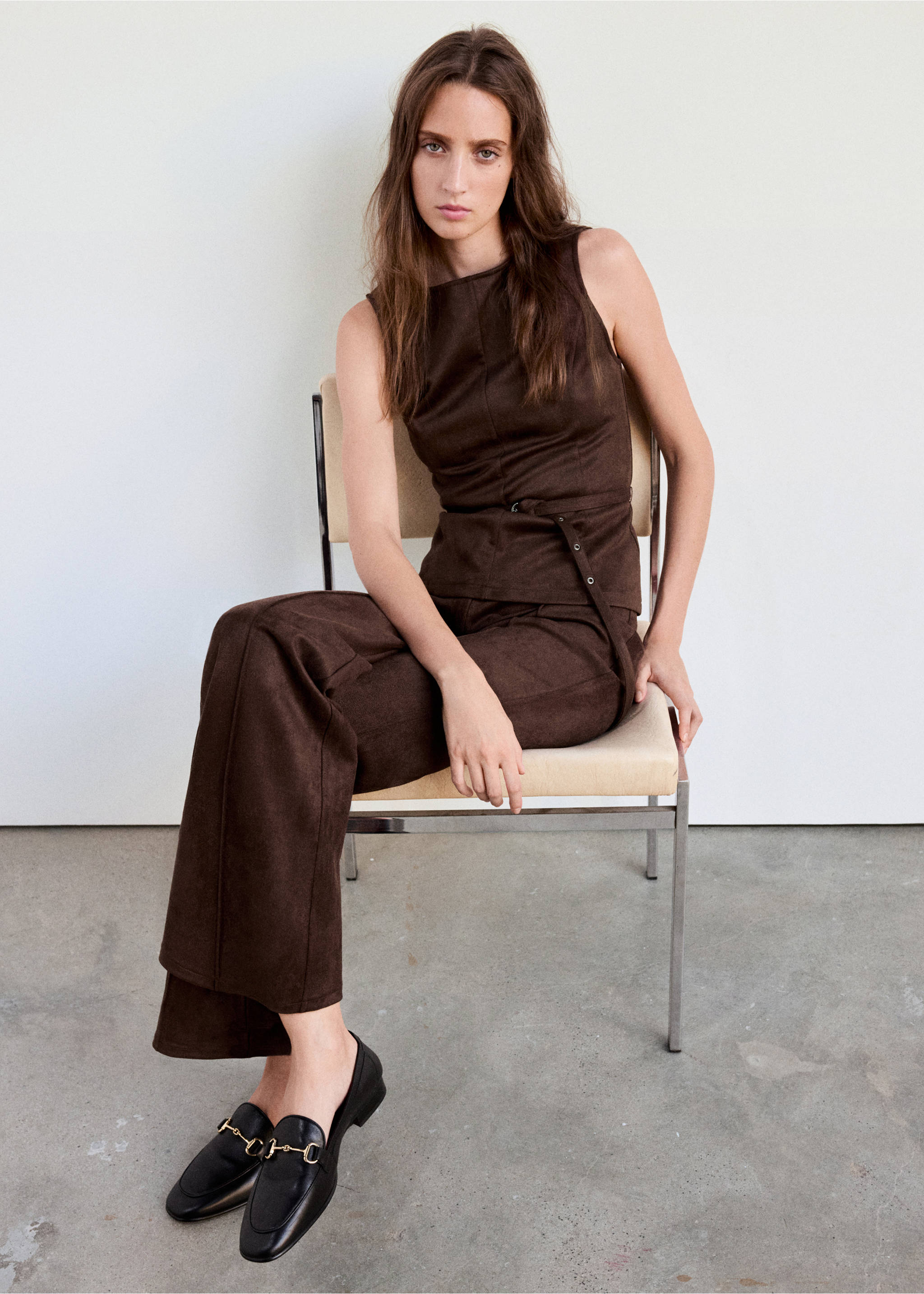 Faux suede top with belt - Details of the article 1, Brown. Ref: 37065849-00.