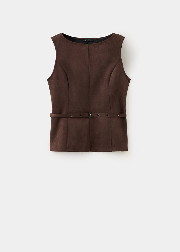 Faux suede top with belt — Brown
