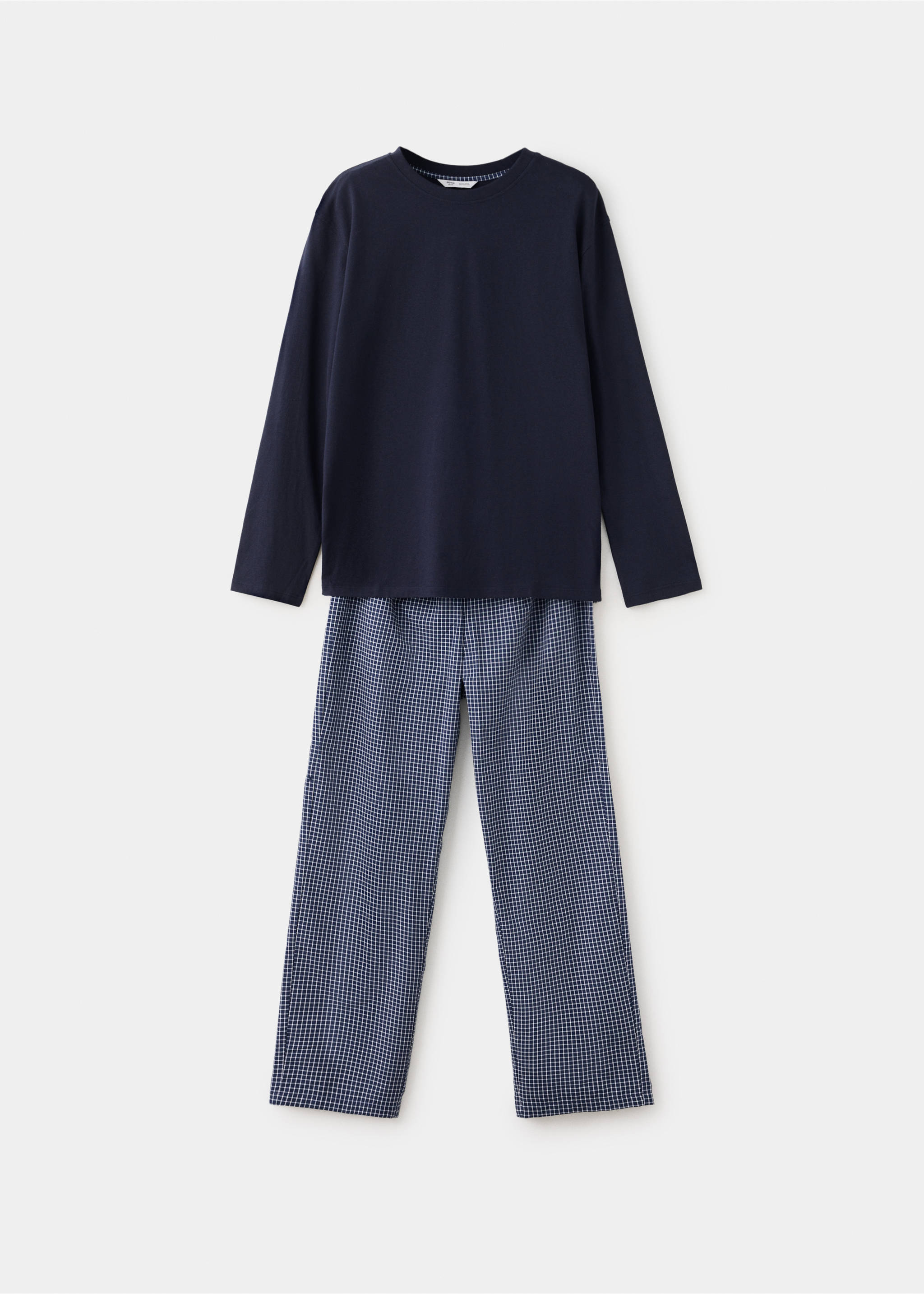 Navy blue pyjama set featuring a long-sleeved t-shirt and check trousers., Navy. Ref: 37065855-00.