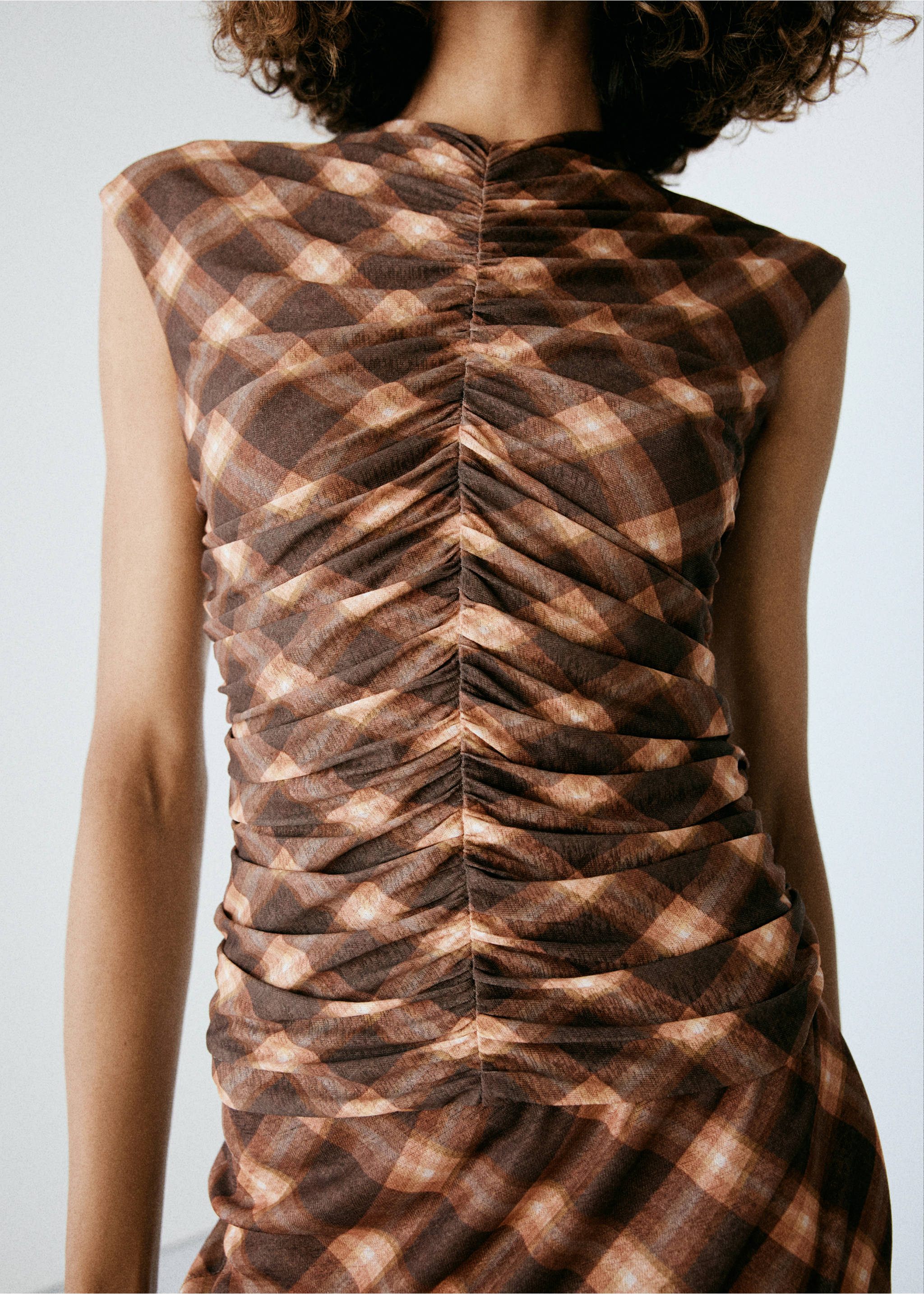 Ruched square-neck top - Details of the article 1, Brown. Ref: 37065857-00.