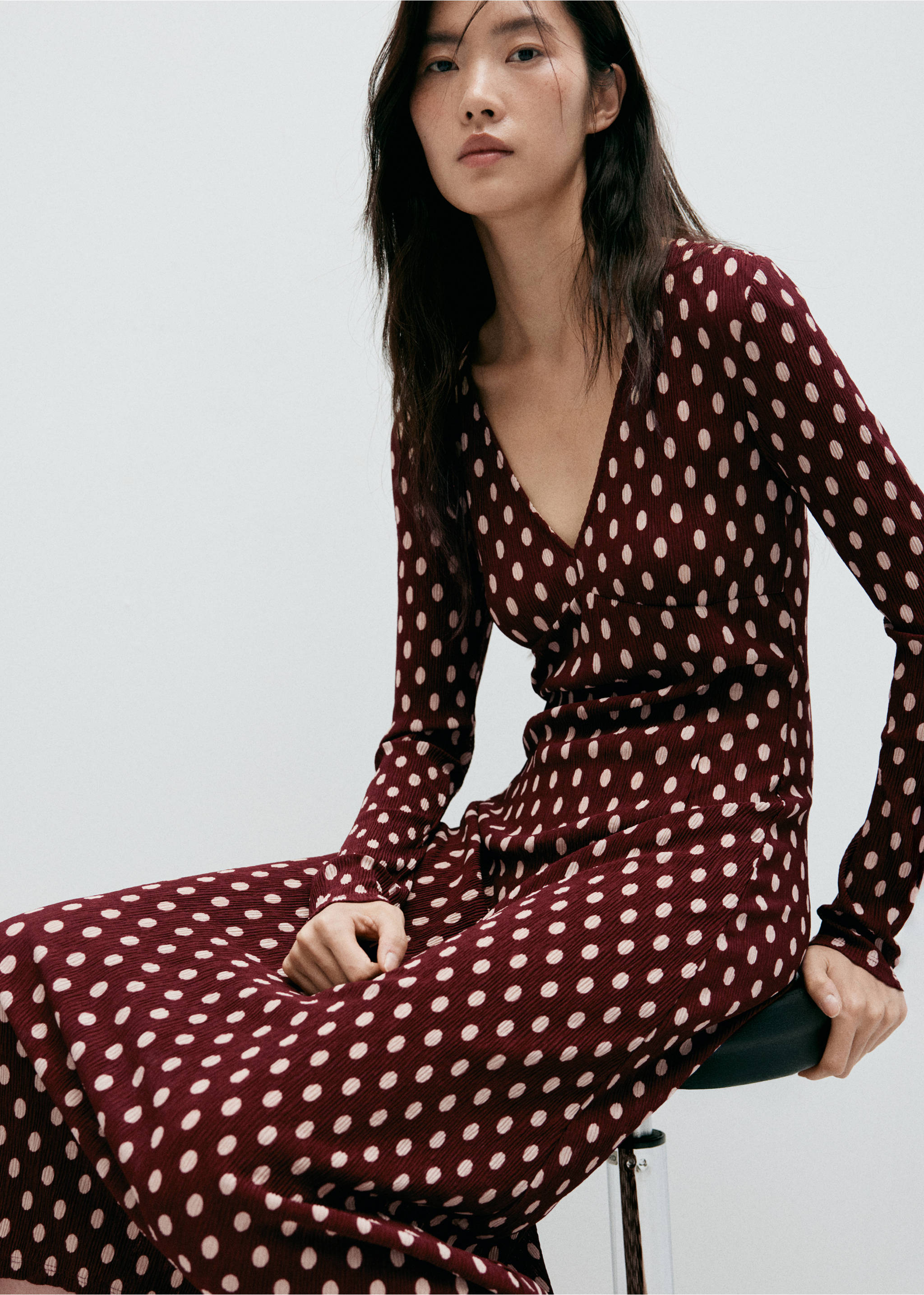 V-neck polka dot dress - Medium plane, Maroon. Ref: 37065860-00.
