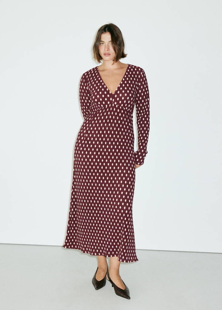 V-neck polka dot dress — Maroon