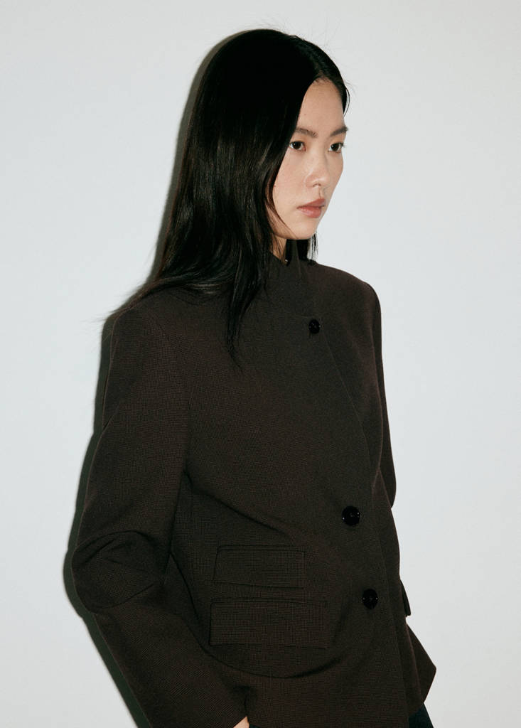 Houndstooth blazer with a high neck — Brown