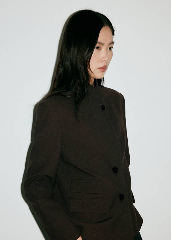 Houndstooth blazer with a high neck — Brown