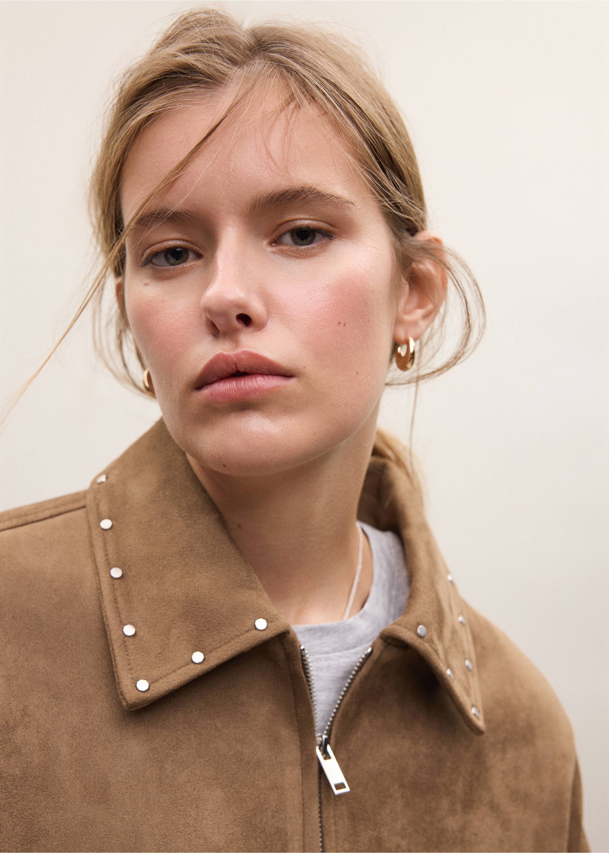 Studded faux suede jacket - Details of the article 1, Tobacco Brown. Ref: 37065974-00.