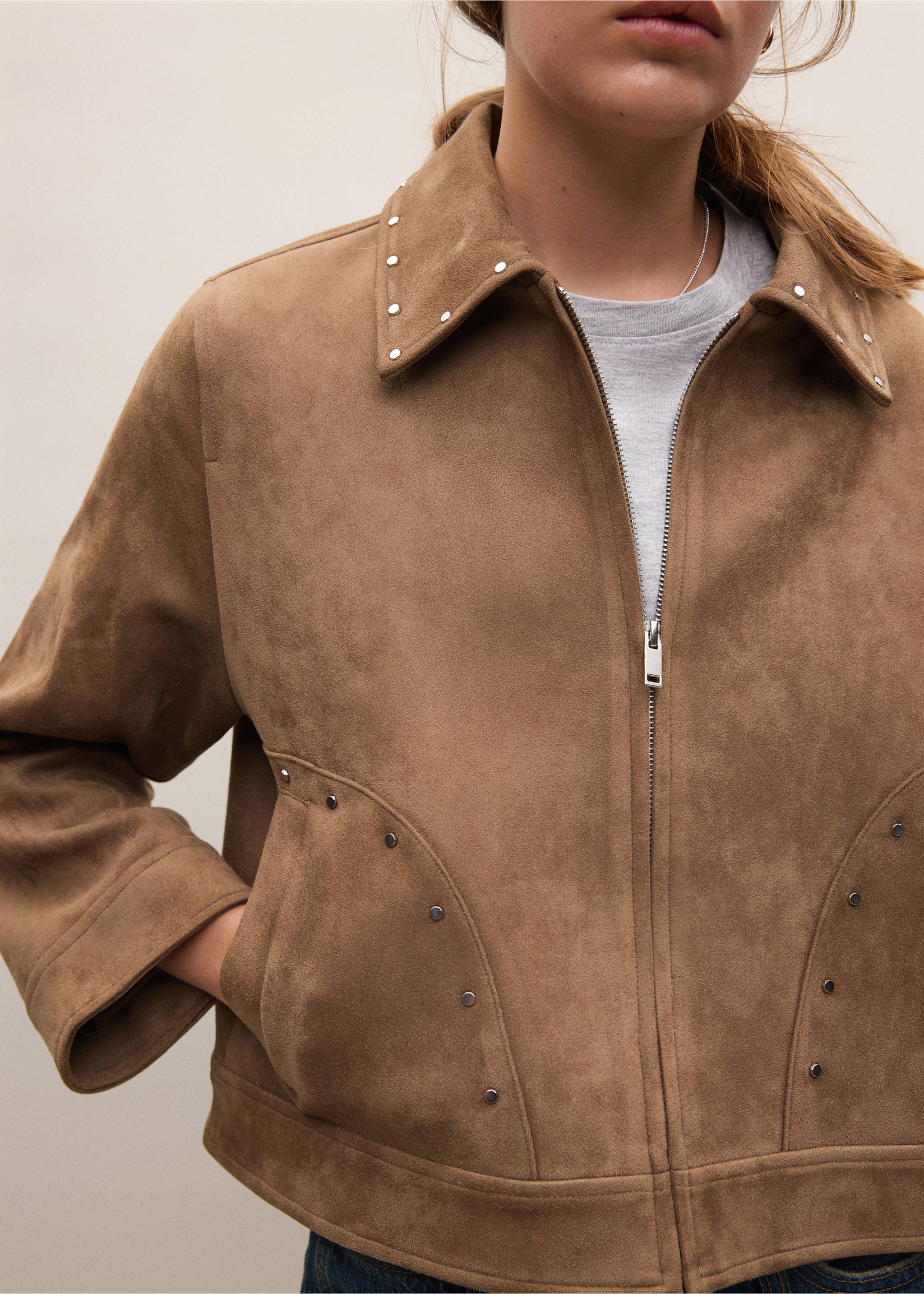 Studded faux suede jacket - Details of the article 3, Tobacco Brown. Ref: 37065974-00.
