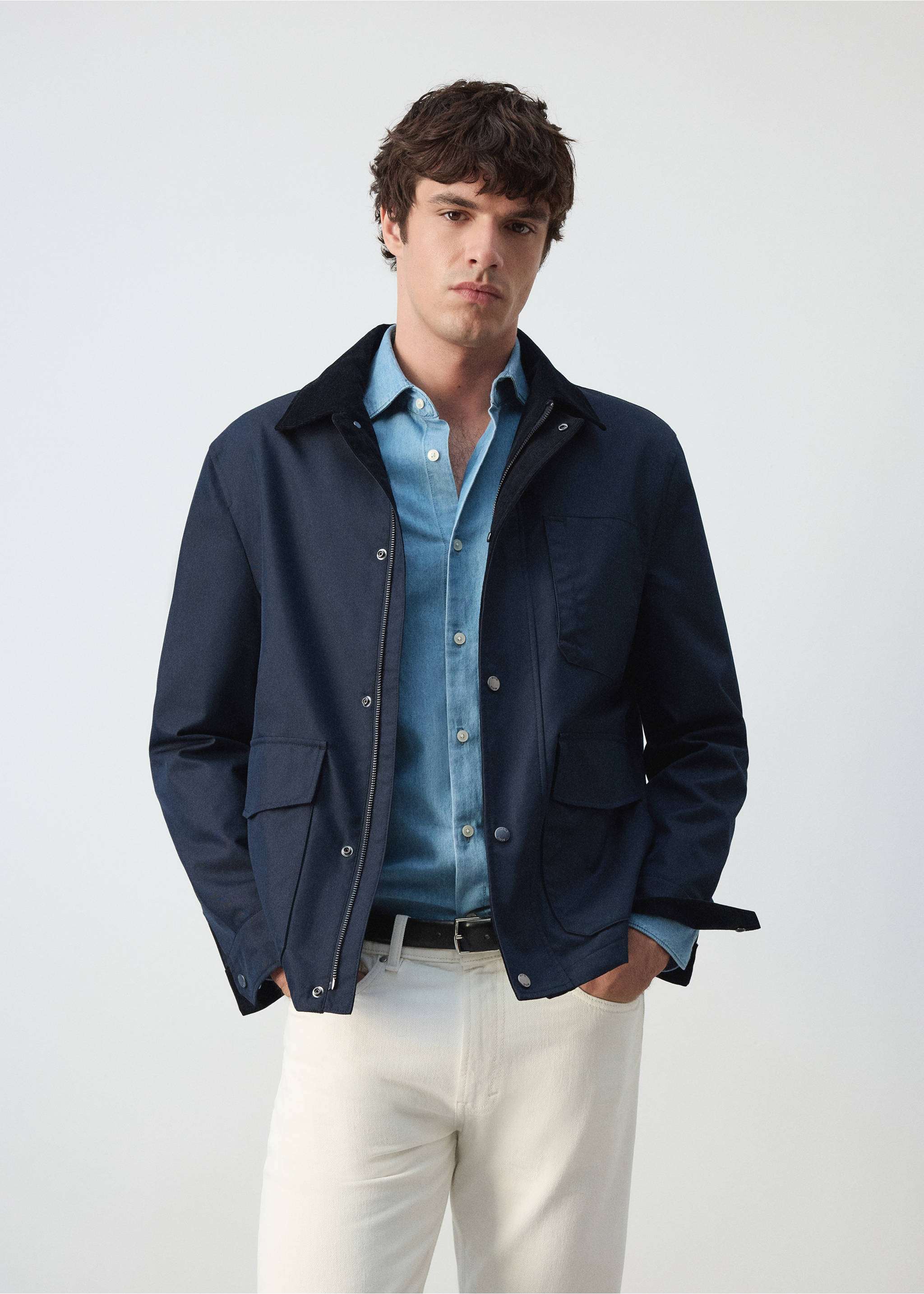 Water-repellent cotton blend jacket - Medium plane, Night Blue. Ref: 37065977-00.