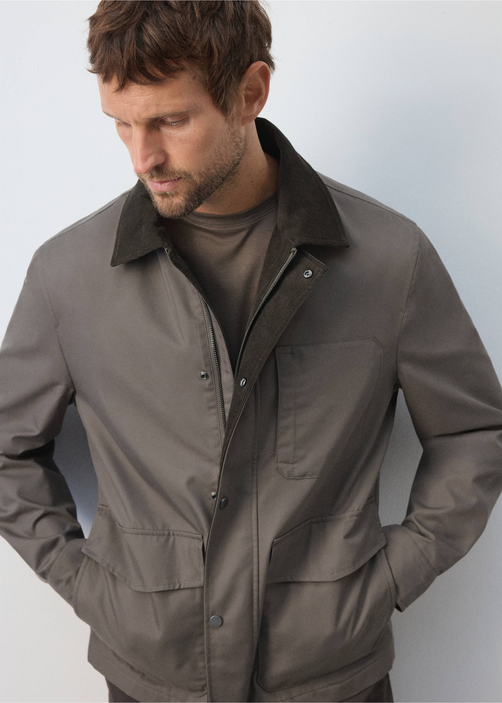 Water-repellent cotton blend jacket - Details of the article 4, Mink Grey. Ref: 37065977-00.