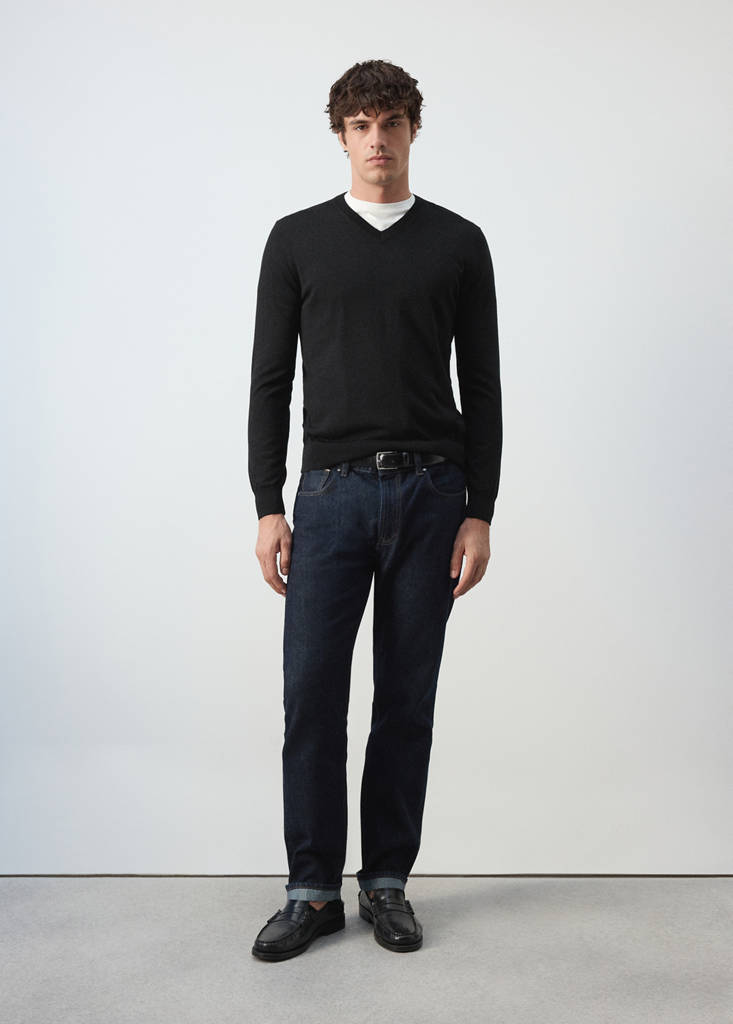 Sweter z 100% wełny merynosów z dekoltem w serek czarny - Mężczyzna - M - MANGO MAN