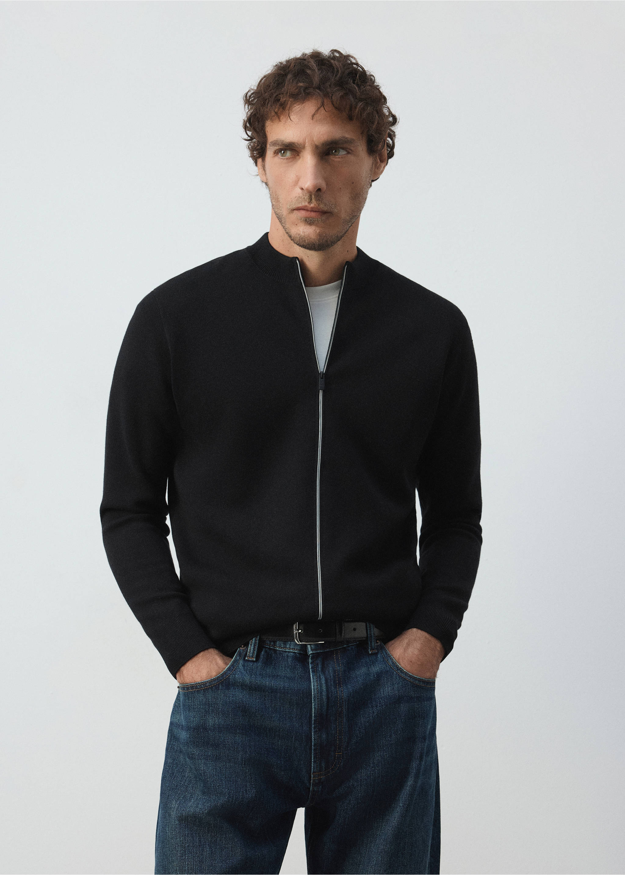 Comfort stretch knit cardigan - Medium plane, Black. Ref: 37065981-01.